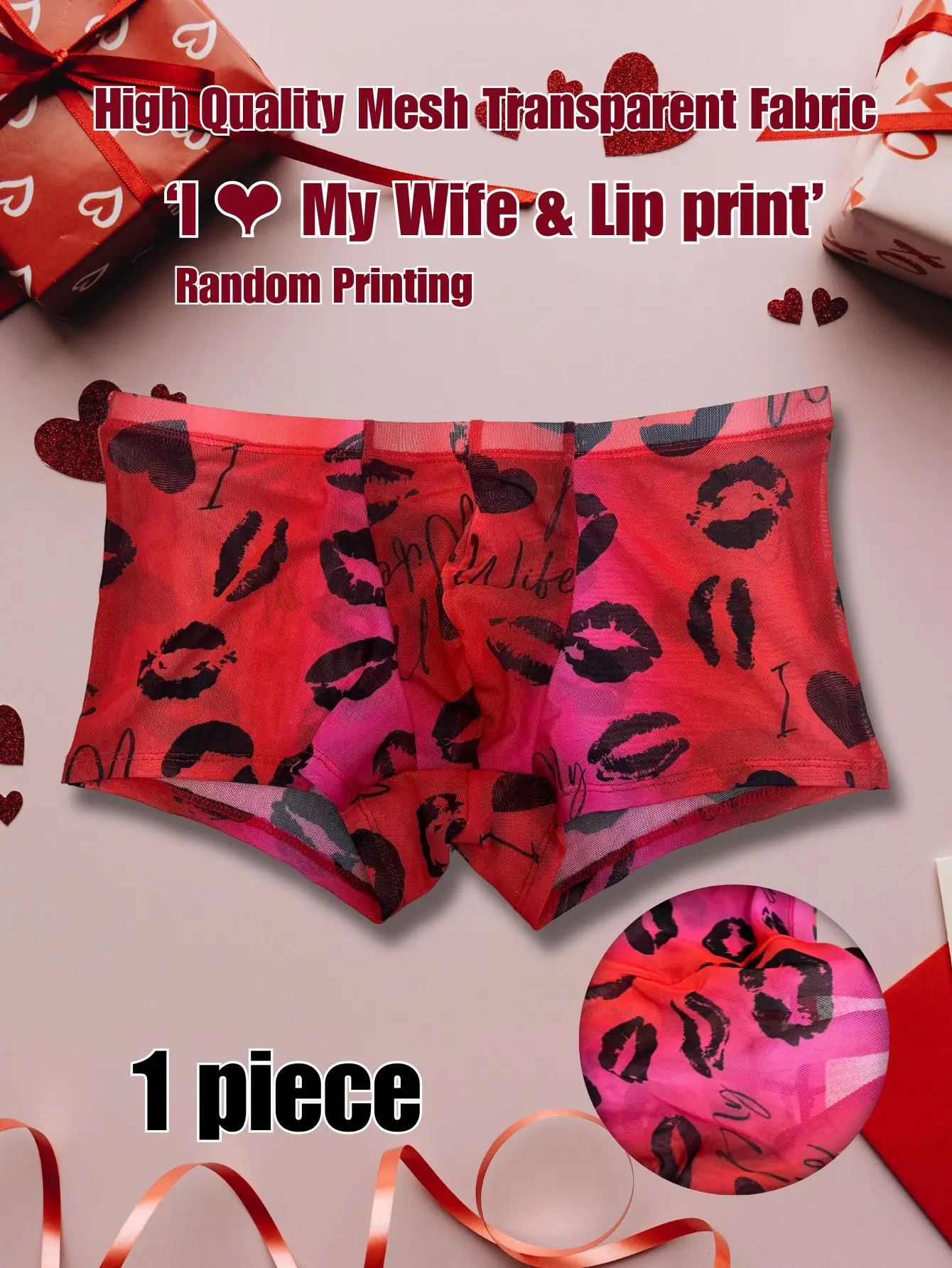 

1pc Men'S Sexy Sheer Mesh Underwear, 'I Love My Wife' & Lip Print, Gradient Color, Comfortable Skin-Friendly Fabric