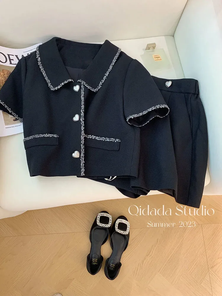 

Femme Summer Vintage Love Button Square Collar Short Sleeve Women Clothing Short Pant Fashionable Appear Thin Two-piece Set
