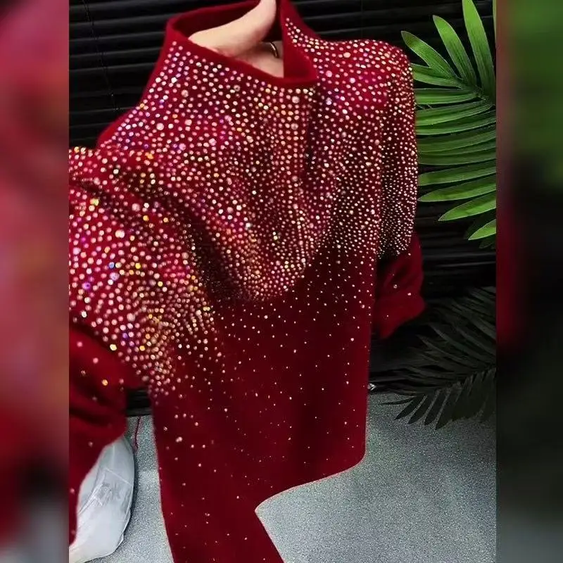 Luxury Design Diamonds Hot Drilling Slim Fit Wine Red Sweater Women Autumn/Winter Knitwear Bottoming Pullovers Femme Clothes