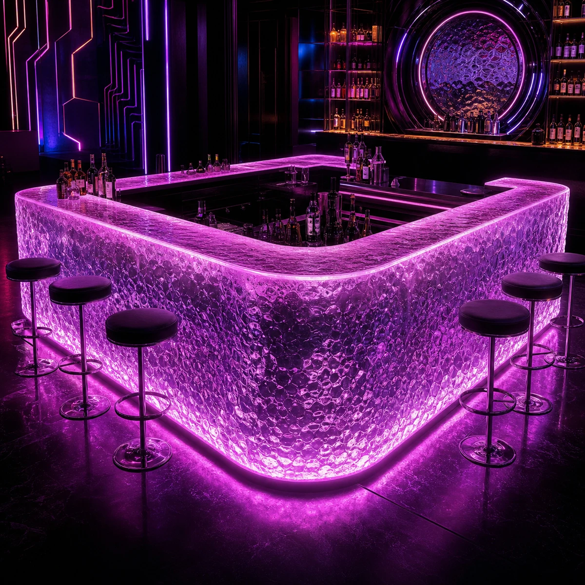 Custom Illuminated LED Translucent Resin Bar Counter Commercial Curved Bubble Texture Modern Nightclub Lounge Countertop