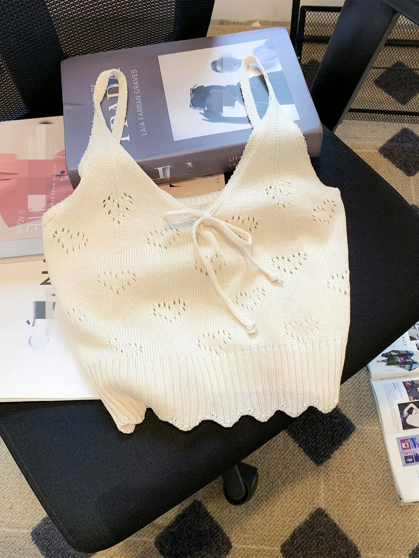 

2026 Solid V-neck Eyelet Spaghetti Top Casual Tie Front Scallop Trim Cami Top For Summer Women's Clothing Knit Crop Top