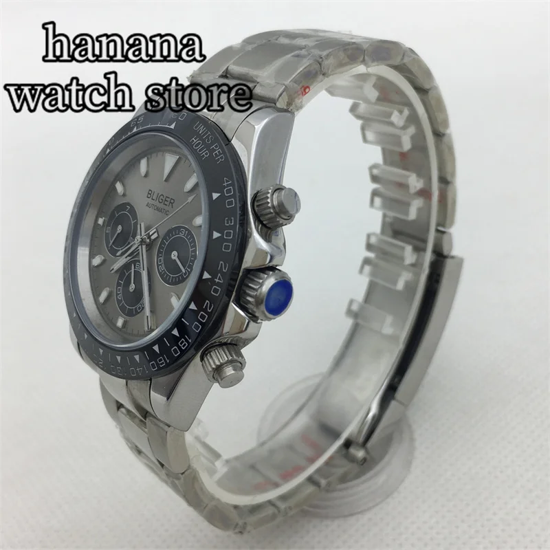 BLIGER автоматические механические часы для мужчин, керамический безель 39 мм, серый циферблат, маленький черный циферблат, сапфировое стекло, браслет из нержавеющей стали