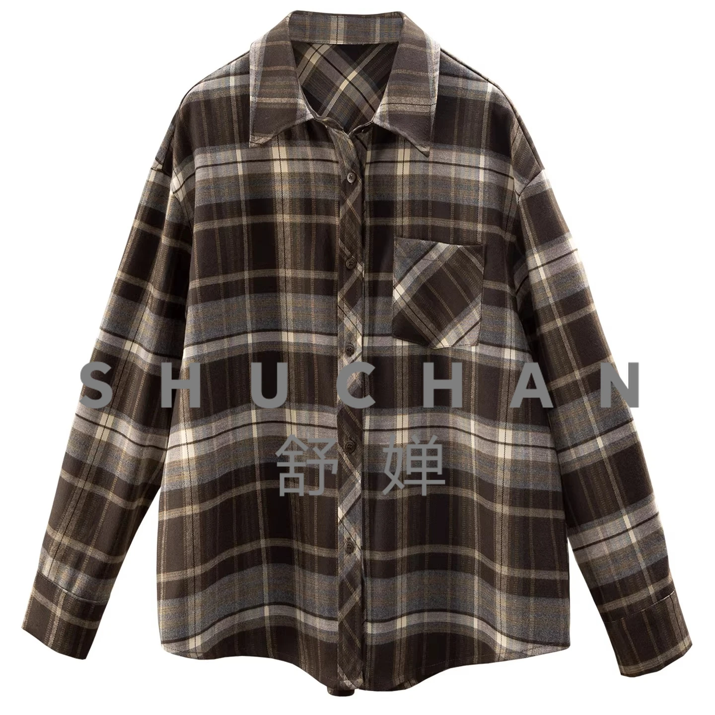 

Classic Contrasting Color Plaid, French Retro Maillard Loose and Thin Arc Pendulum Shirt Women 76I2