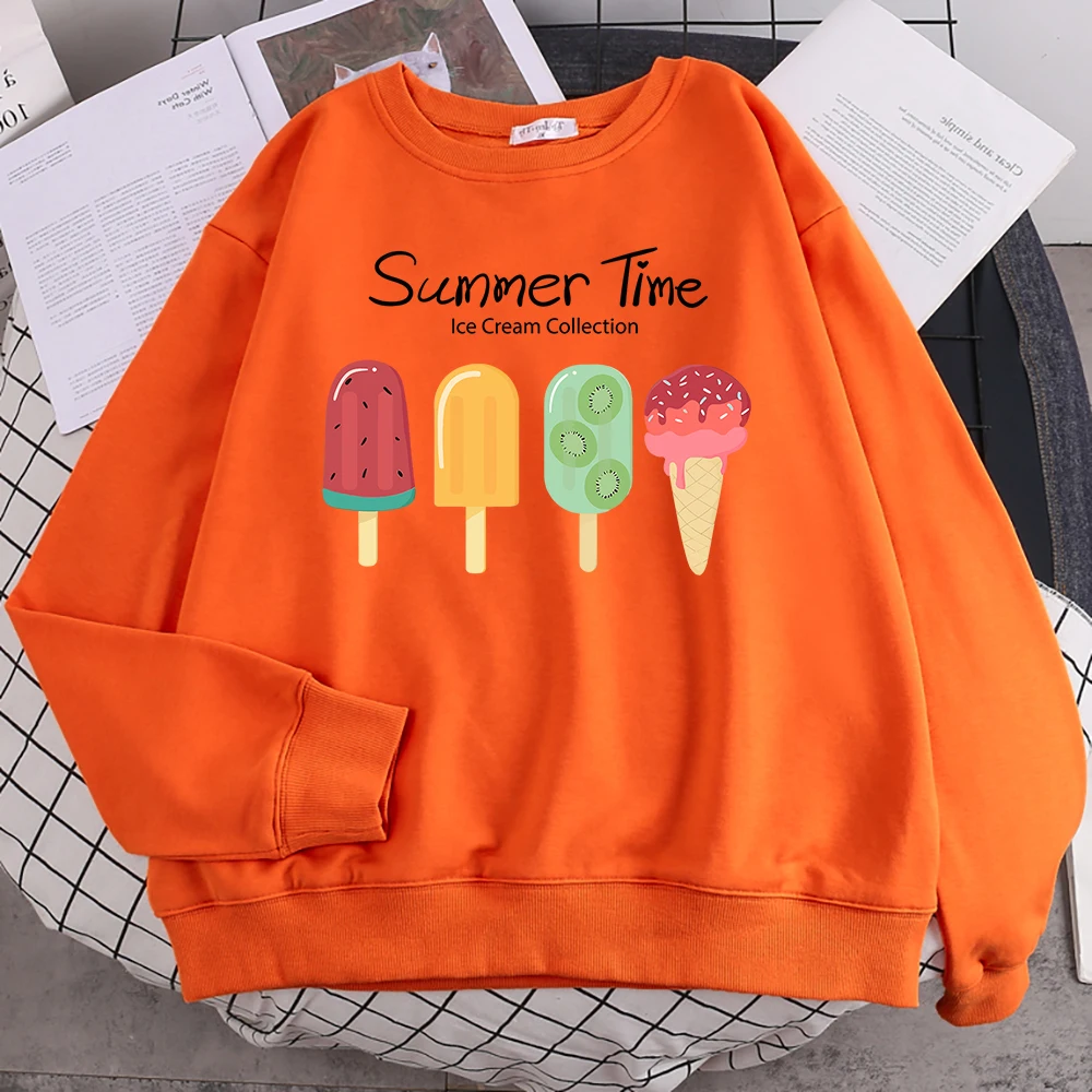 Street Funny Sweatshirts For Women Summer Time Fruit Ice Cream Collection Print Hoodie Soft Fleece Pullovers Loose Warm Clothes