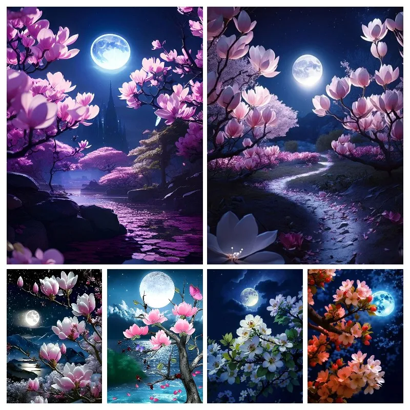 The Moon on The Water Diamond Art Painting Kits,5D Full Drill, Magnolia flower Moon Landscape Art,Gem Art Painting with Diamonds