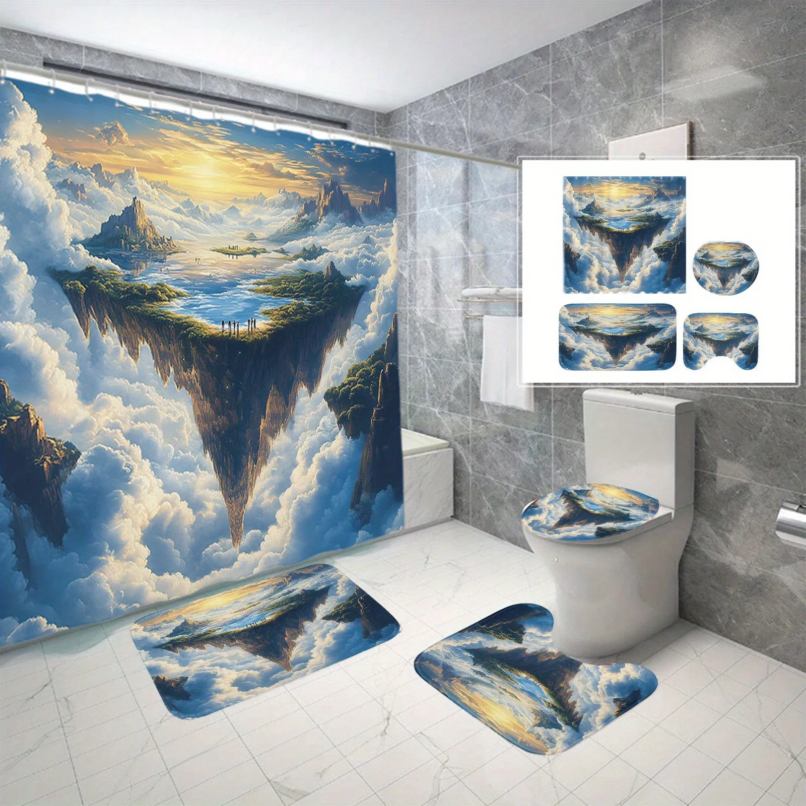 

Набор для ванной комнаты с цифровым принтом неба из 4 предметов, нескользящий напольный коврик, коврик для сиденья унитаза и U-образный коврик, занавеска для душа