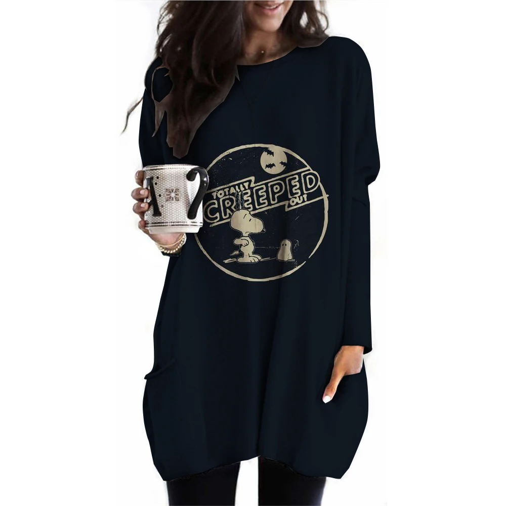 2024 New Women\'s Round Neck Long Sleeve Pocket T-shirt Snoopy Printed Casual Elegant Women\'s Long T Street Clothing