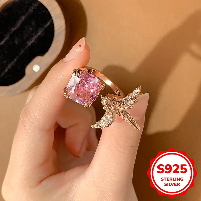 

Creative 925 Silver Irregular Seagull Four Claw Powder Gem Emerald Yellow Gem Crystal Open Ring Ladies Engagement Gift Jewelry