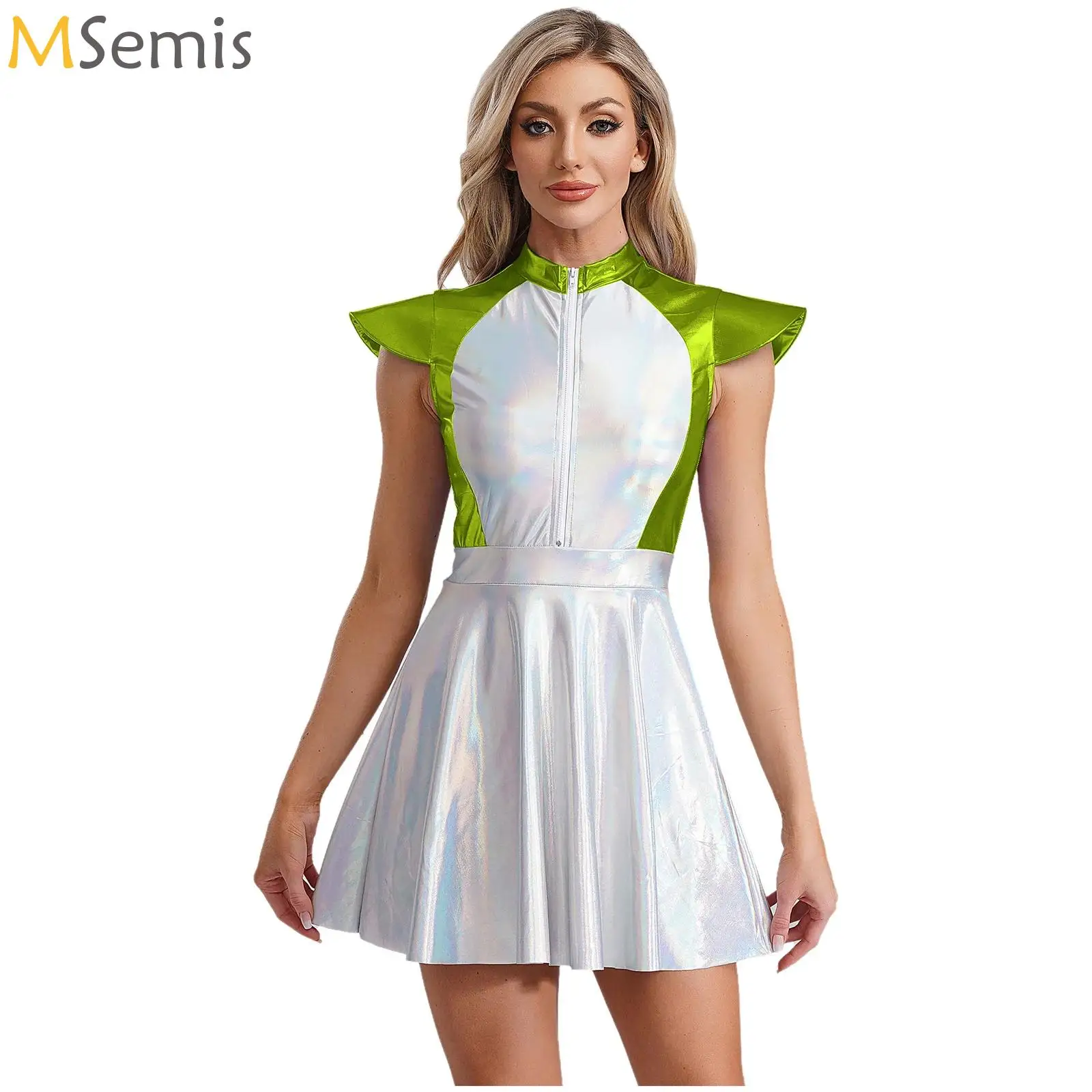 

Womens Halloween Outer Space Alien Astronaut Cosplay Outfits Cutie Fighter Alien Cap Sleeve A-line Dress Robot Cosplay Costume