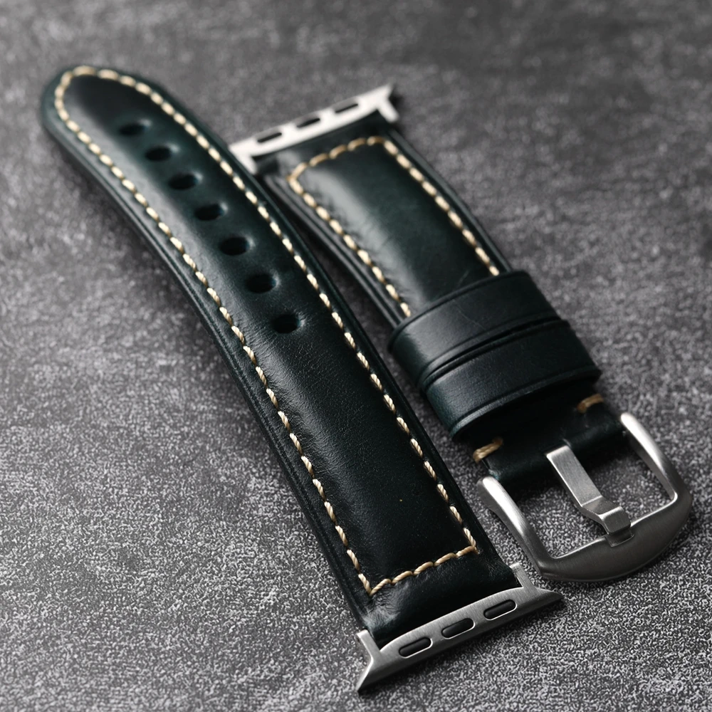 Handmade Oiled Wax Leather Strap For Iwatch9 Apple Watch Watchband S9 S8 Ultra2 Brown Soft 49MM 45 44 Men Brown Black Blue