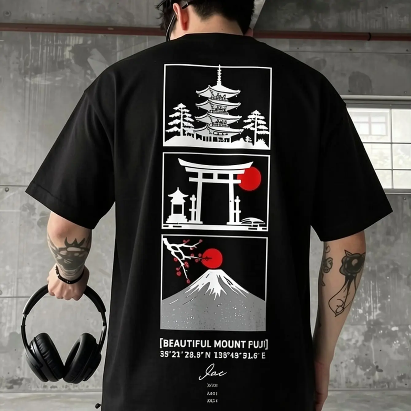 Herren-T-Shirt mit japanischem Fuji-Berg-Grafikdruck, Ukiyo-e-Tempel-Torii, Oversize-Streetwear im koreanischen Stil, 100 % Baumwolle, lässiges T-Shirt – Detail 4