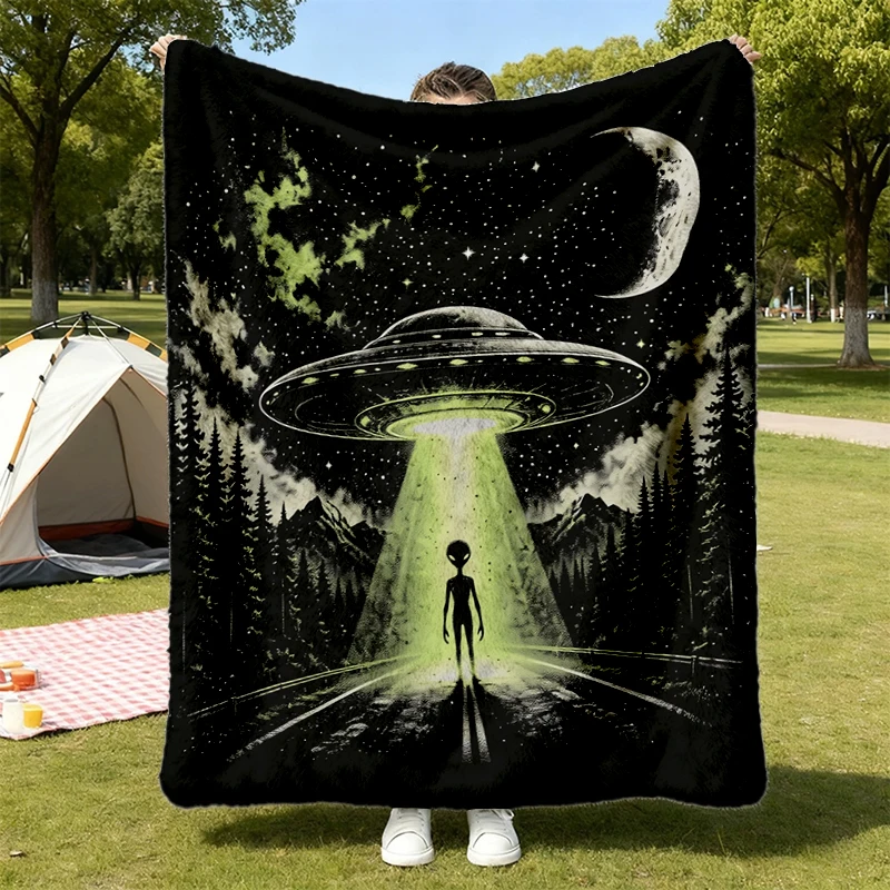Vintage UFO Encounter 90s Cozy Blanket, Washed Sci Fi Flying Saucer Warm Blanket, Extraterrestrial Space Cryptid Soft