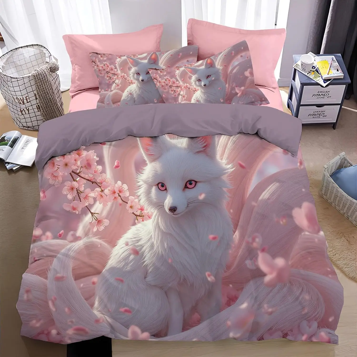 3D Nine Tailed Fox Duvet Cover Set With Pillowcases Double Sided Peach Blossom Bedding Forest Anime Style Quilt