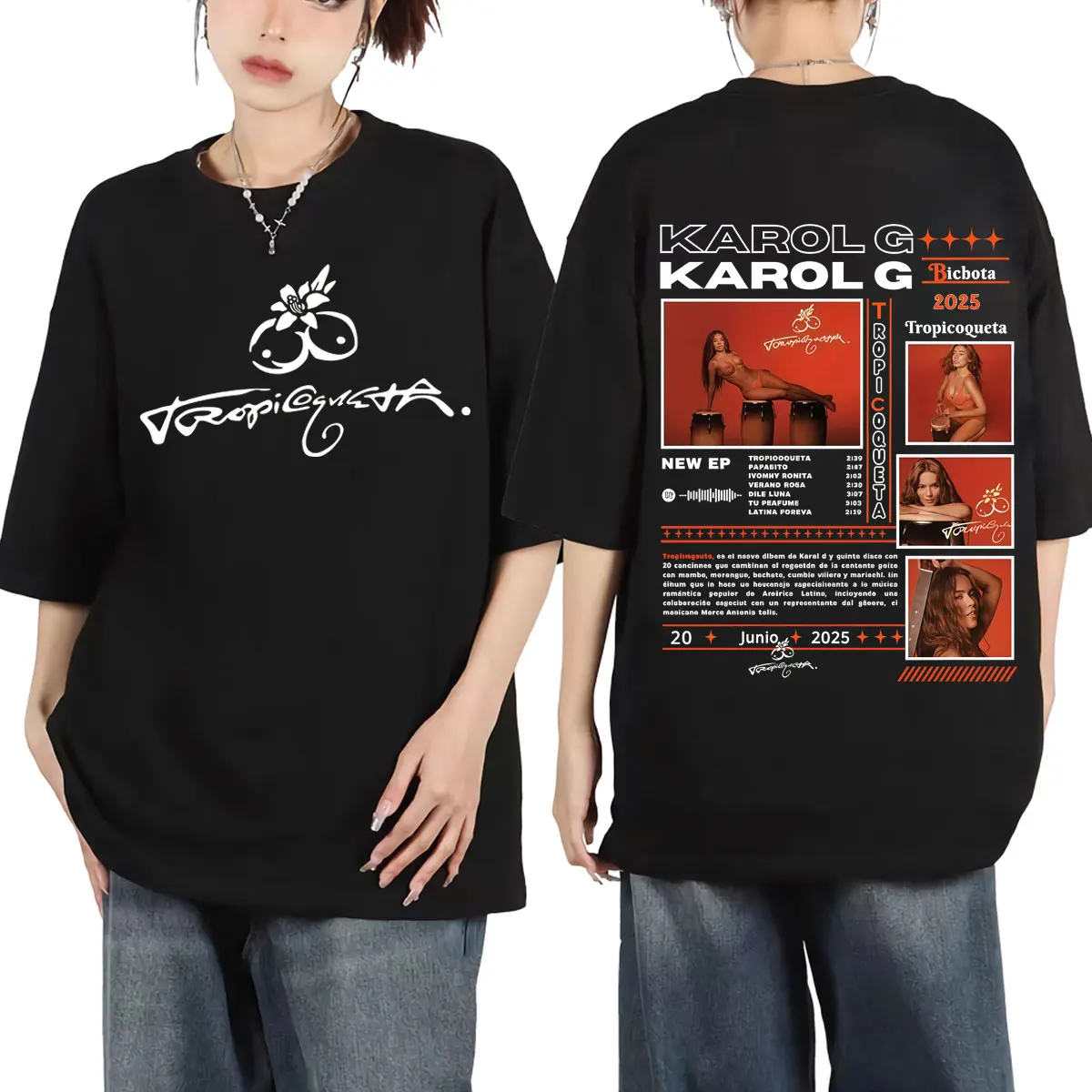 

Karol G Tropicoqueta 2025 новые футболки с рисунком альбома для мужчин и женщин, модная эстетичная футболка, летние повседневные свободные футболки