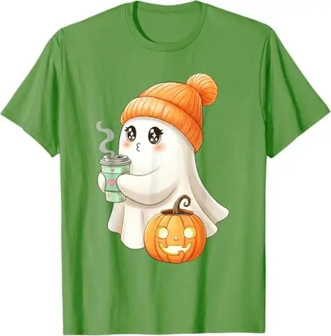 Cute Ghost Drinking Coffee Halloween Ghost Ice Coffee Woman T-Shirt Y2k Art Funny Spooky Season Apparel Aesthetic Clothes Tees