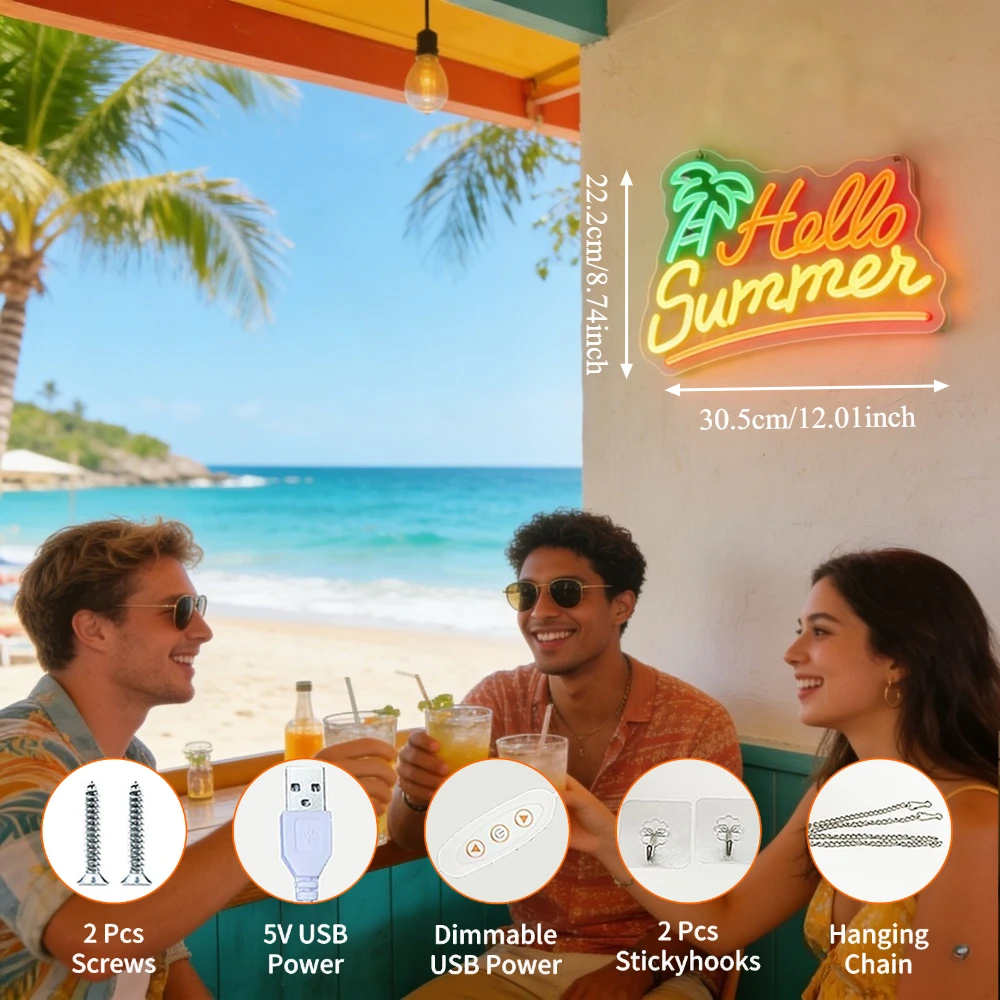 Hello Summer Neon Sign​ Dimmable LED USB Wall Light for Ice Cream Parlor Patio BBQ Grill Area Summer Camp Festival Party Decor
