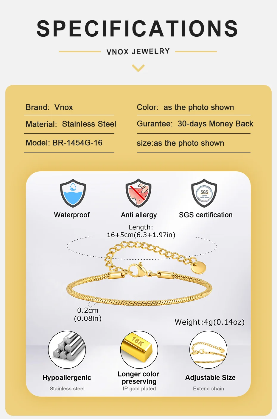 Vnox Minimalistisches 1,2/2mm Breites Dünnes Schlangenketten-Armband für Männer und Frauen, Gold- oder Silberplattierter Edelstahl Verstellbarer Schmuck Geschenk – Detail 4