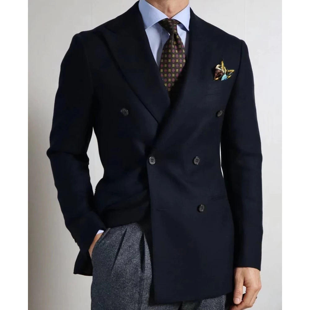 

2023 New Suits For Men Navy Blue Peak Lapel Business Casual Formal Costume Homme Double Breasted Slim Fit 2 Pcs Set Jacket Pants