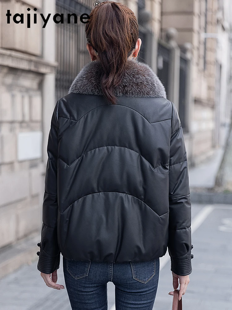 TAJIYANE 100% Skóra Owcza Kurtka Puchowa Damska z Kołnierzem z Futra Lisa Prawdziwe Skórzane Kurtki Stylowa Kurtka Puchowa Odzież Zimowa 2025 신상재킷