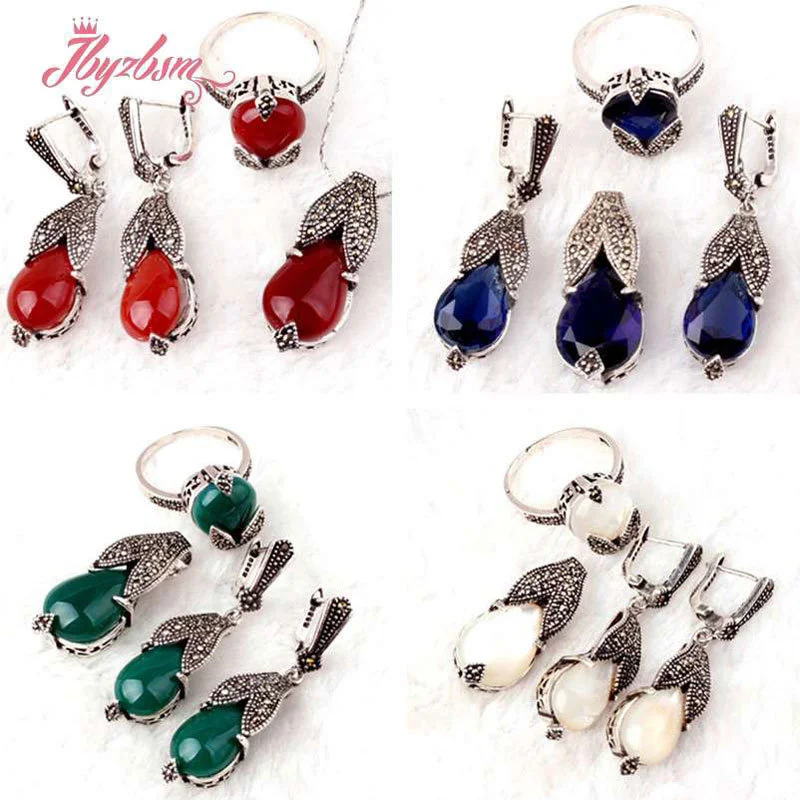 Drop Shape Shell Agates Crystal Beads Stone Tibetan Silver Hand Mosaic Noble Fashion Style Earring Pendant Ring Free shipping