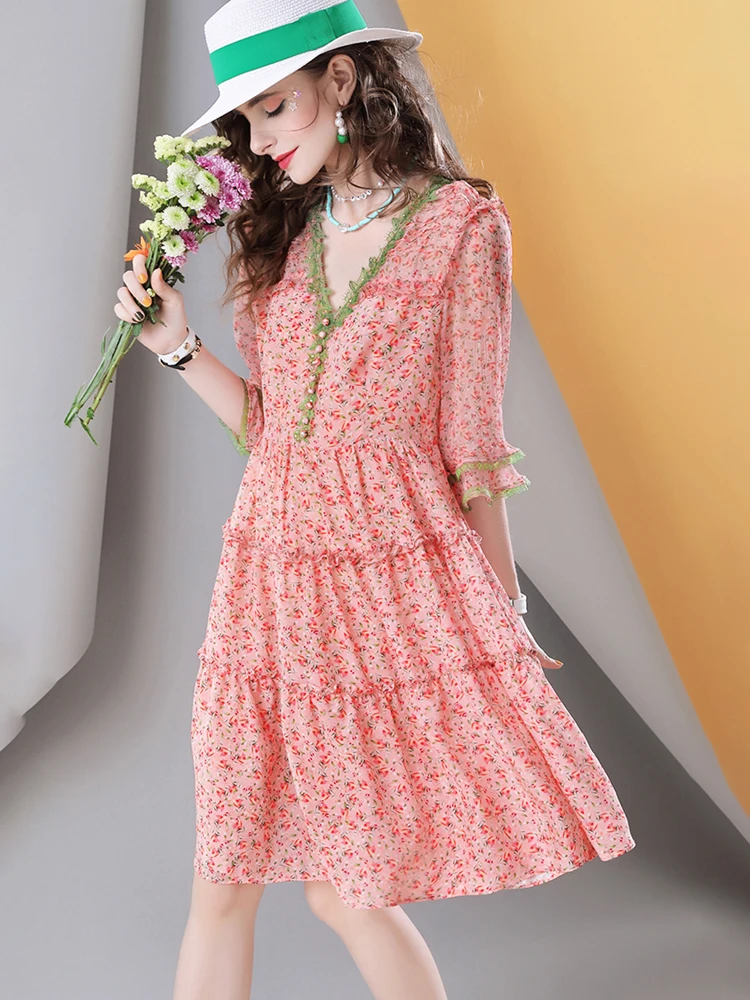 100% Silk Floral Dress Women V Neck A Line Long Sleeve Trumpet Cuff Summer Boho Midi Dress Elegant Vintage Sundress - Image 5