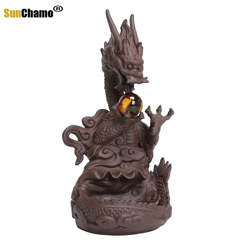 15.5x24cm New Creative Dragon Incense Holder Burner Smoke Waterfall Backflow Censer Ceramic with Crystal Ball Home Decoration