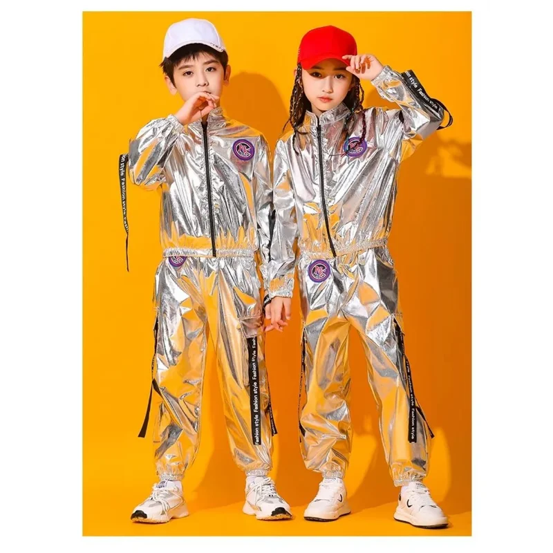 Hip Hop Boys Silver Jacket Girls Jazz Jogger Pants Street Dance Mini Skirt Clothes Sets Kids Sequin Costumes Child Streetwear