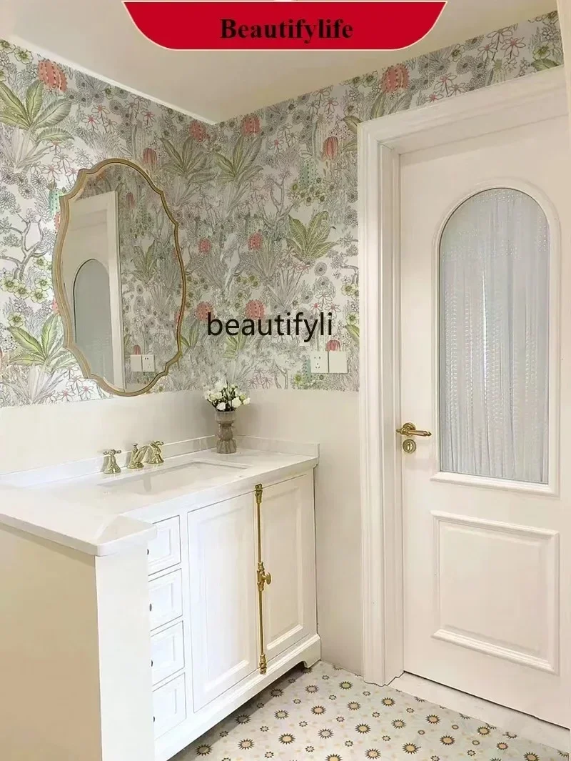 LXRetro French Cream Style Bathroom Cabinet Combination Solid Wood Hand Washing Basin Inter-Platform American DesignSSS