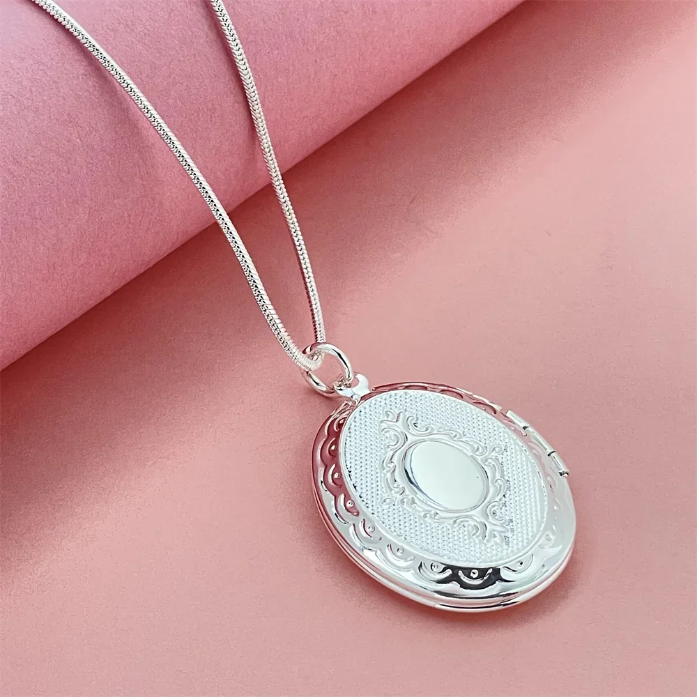 925 Silver Necklace Polished Oval Photo Frame Pendant, Suitable For Women's Daily Wear