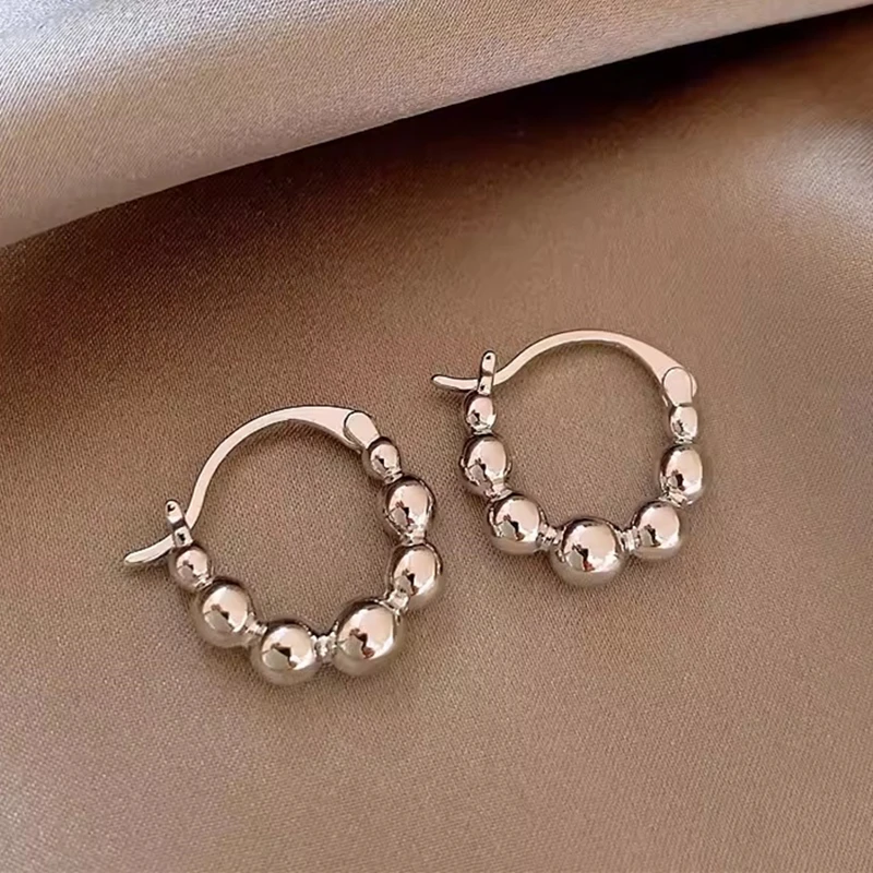 Punk Small Beads Hoop Earrings Silver Color Metal Ball Circle Earring For Women 2024 Trend Jewelry Ear Accessories Party Gifts