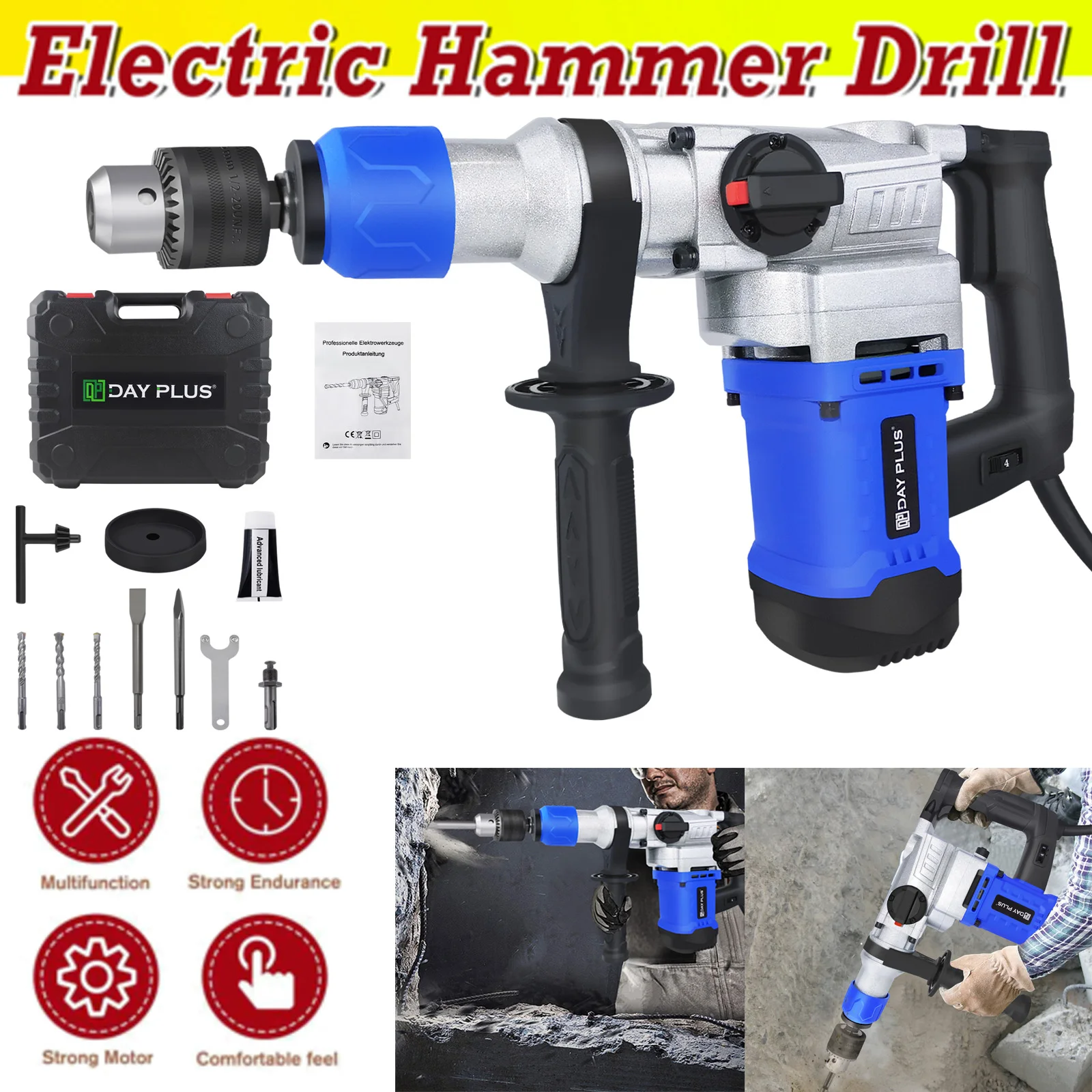 DayPlus SDS-Plus Rotary Hammer Drill,1500W Power Multifunction Hammer Drill Vibration Control 360°Rotating Handle Variable Speed