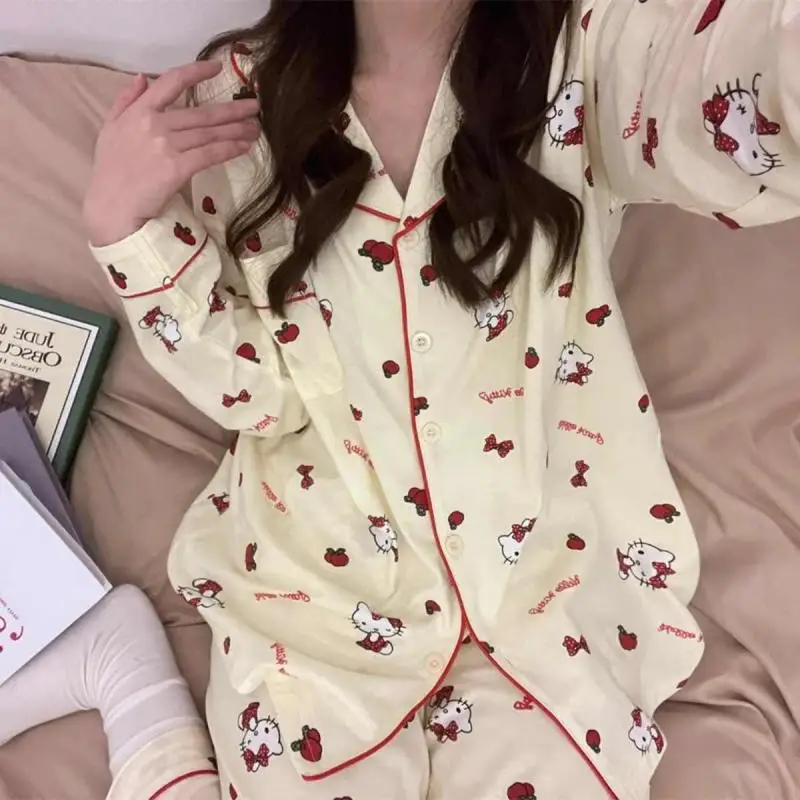 Sanrio Hello Kitty Cartoon Japanese Version Cute Pajamas Girl New Long Sleeved Sleepwear Y2K Sweet Girl Style Home Clothes New