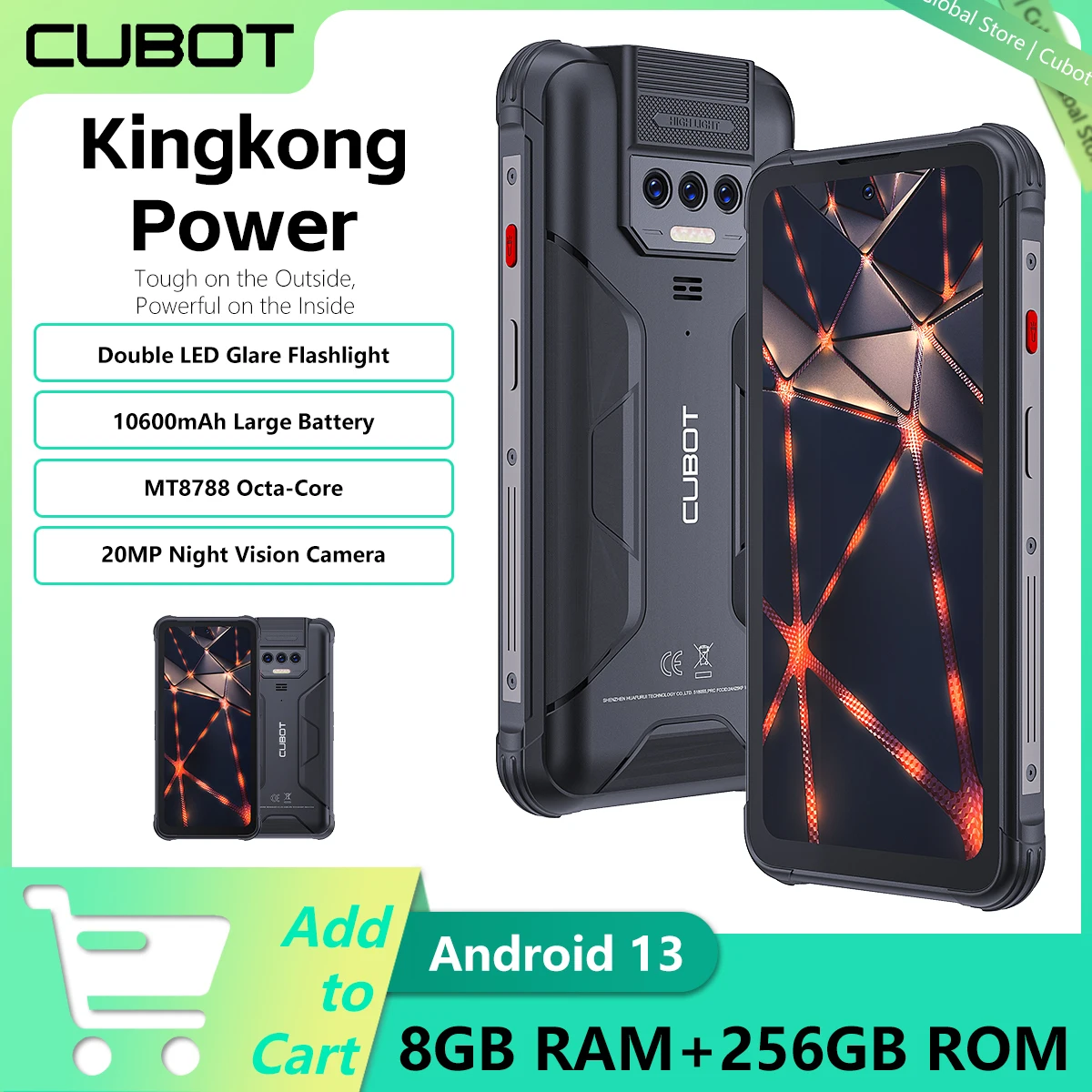 

Cubot KingKong Power 6.5" FHD+ Waterproof Rugged Phone Android 13 8GB+256GB MT8788V Octa-Core 10600mAh Battery Global Smartphone