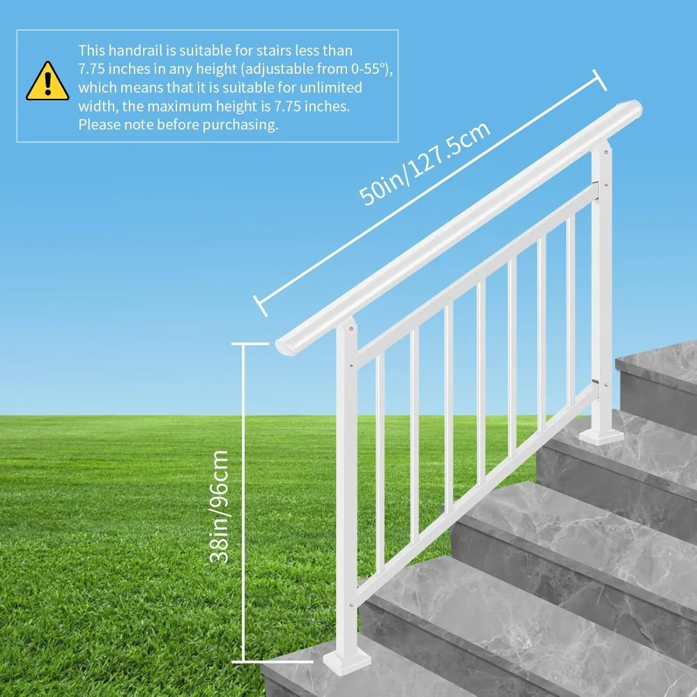 Barandilla de escalera exterior de metal blanco con pasamanos ajustables para 1-4 escalones, completa con kit de instalación