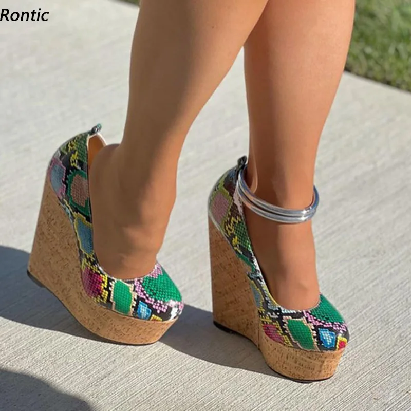 

Rontic, цветные женские туфли-лодочки на платформе со змеиной танкеткой, великолепная зеленая повседневная обувь с круглым носком, размер США 5-20