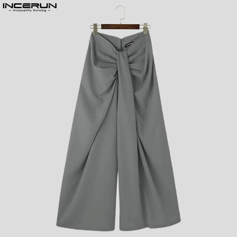 INCERUN Men Wide Leg Pants Solid Color Pleated Joggers Zipper Casual Trousers Men Streetwear 2024 Loose Fashion Long Pants S-5XL