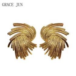 GRACE JUN Fashion Irregular Metal Twist Big Clip on  Earrings Women's Unique Gold Color Punk Non Pierced Cuff  Earrings Ear Clip