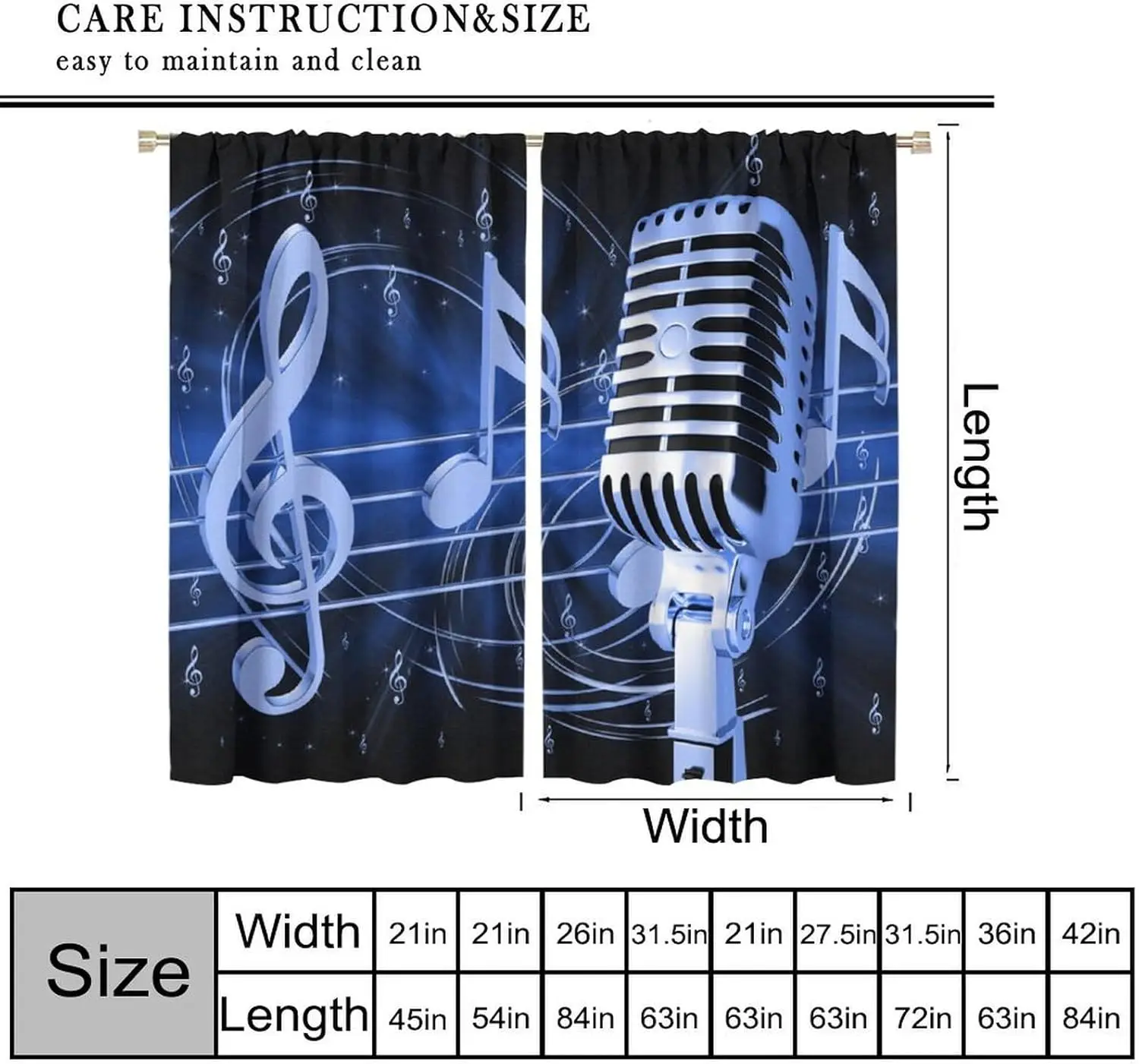 Retro Microphone Music Curtain Blue Tone Print Window Treatment for Home Studio