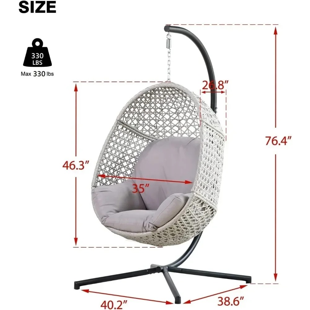 Large Hanging Egg Chair with Stand Egg Swing Chair Outdoor Indoor PE Rattan Hanging Chair with GreyComfort Cushion Outdoor