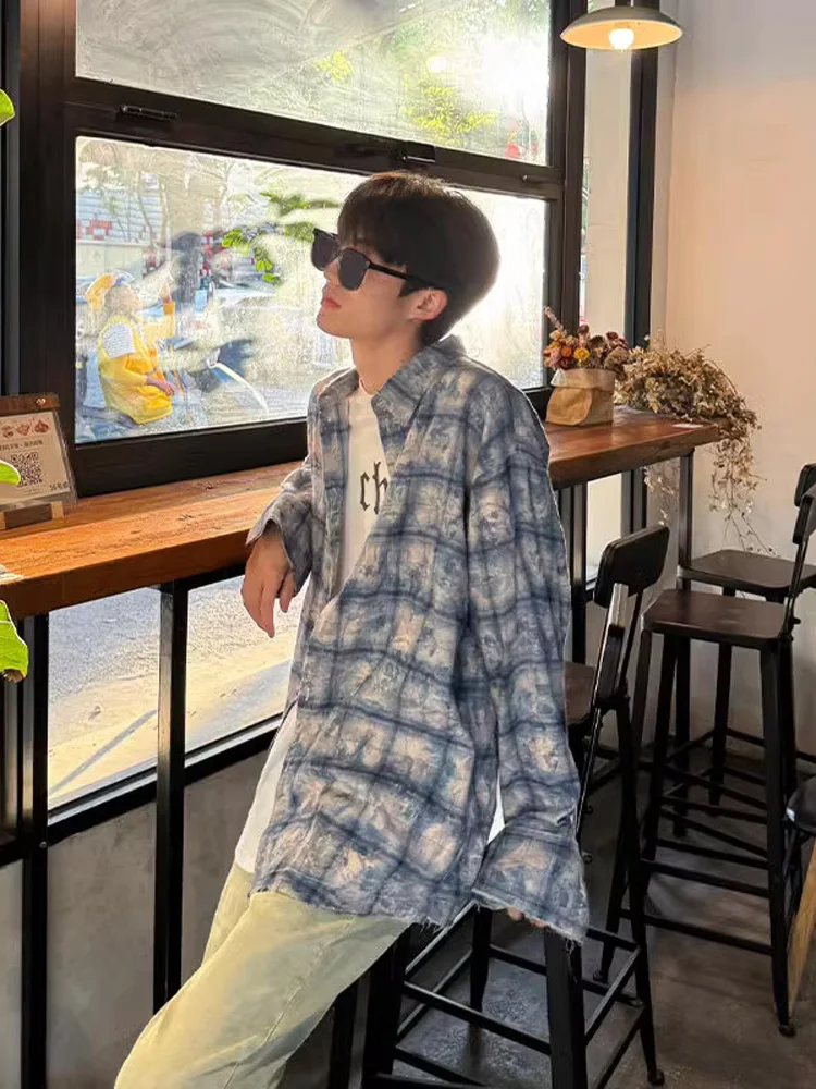 

Blue Tie Dye Plaid Men's irt Cleanfit Vintage American Sle Spring Autumn Flannel Long Sve Casual Faionable irt
