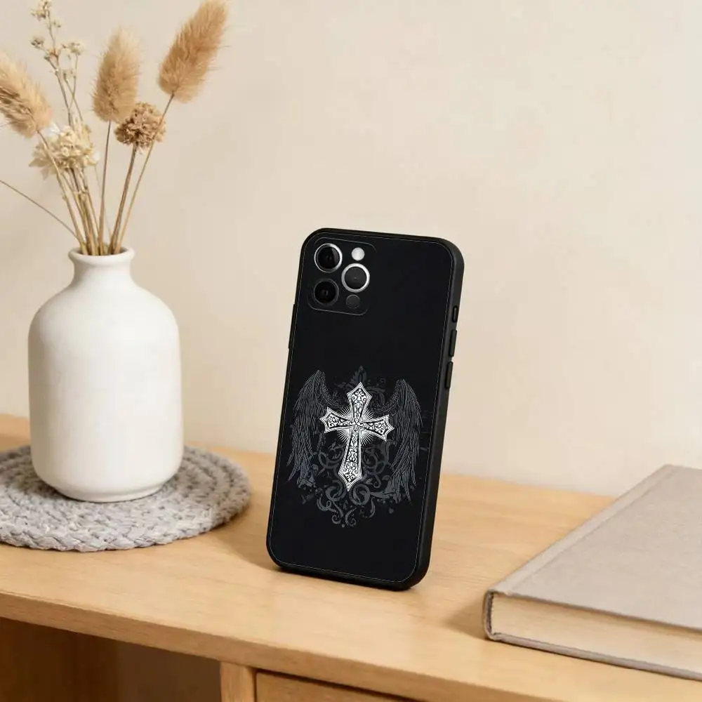 حافظة هاتف على الطراز القوطي C-Cyber S-Sigil-Cross لهاتف iPhone 17,16,15,14,13,12,11 Plus، Pro Max، XS، غطاء أسود من السيليكون الناعم