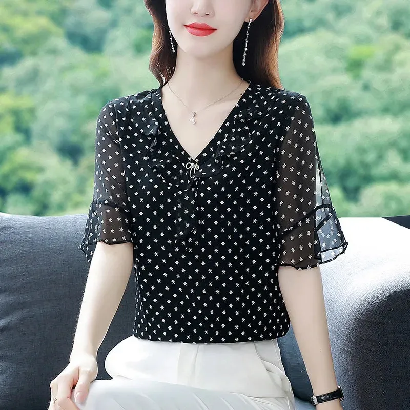 

Women's V Neck Floral Chiffon Blouse Elegant Ruffle Half Sleeve Loose Top Summer Casual Shirt