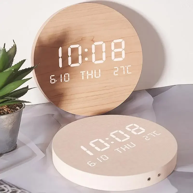 LED Digital Wood Wall Clock Luminous Living Room Wall Watches Home Decor Intelligent Dimming Temperature Electronic Silent Clock