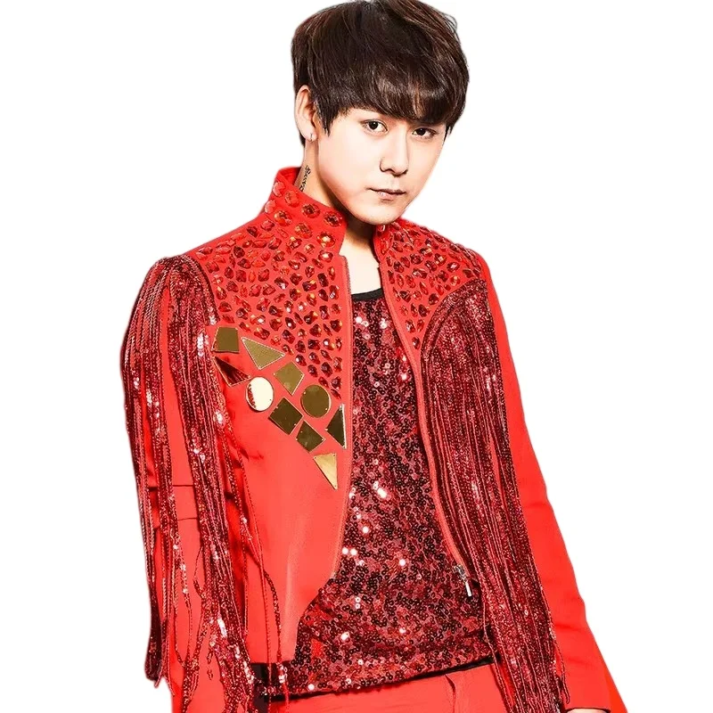 

Fashion Cool Sequins Tassel Men's Blazers Black Red White Rhinestones Coat Drummer Rock Singer Stage Performance Jacket Cosume