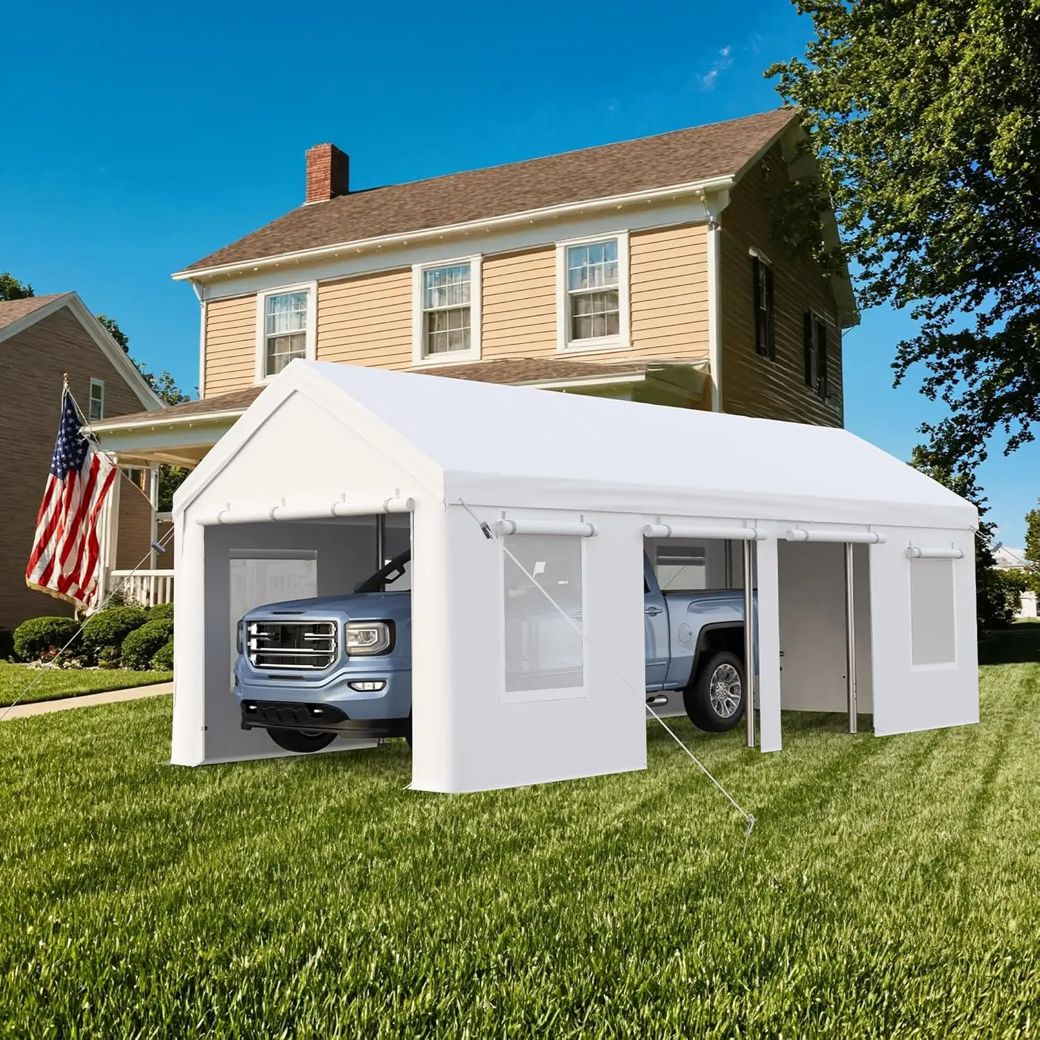 

13x25ft Carport, Heavy Duty Carport with Reinforced Steel Poles, Upgraded Portable Garage with Doors & Window, UV Resistant All-