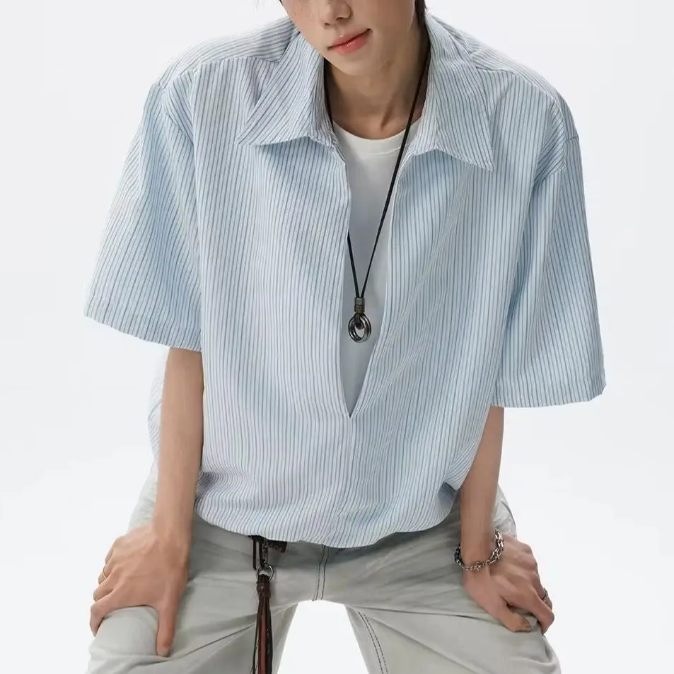 American Striped Fake Two Piece Collared Short Sleeve Tee For Males Summer Korean‑Inspired Casual Trendy Creative Versatile