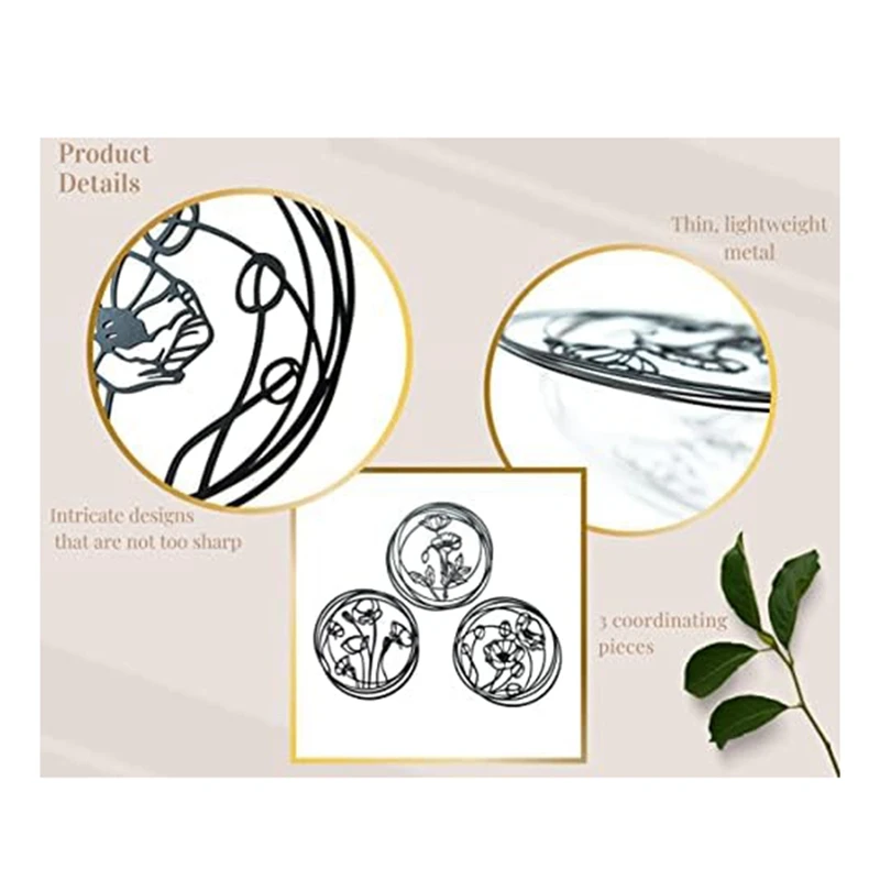 معدن زهرة جدار ديكور مجموعة من 3 ، أسود الأزهار الفن ، فوق السرير ديكور ، الحديثة الجدار الشنق النحت لغرفة ، دائم