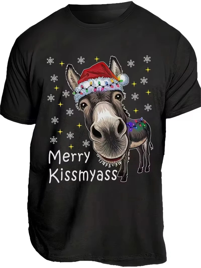Unisex Christmas Donkey T‑Shirt Funny Cartoon Santa Hat Xmas Lights Snowflake Graphic Casual Short Sleeve Holiday Party Tee