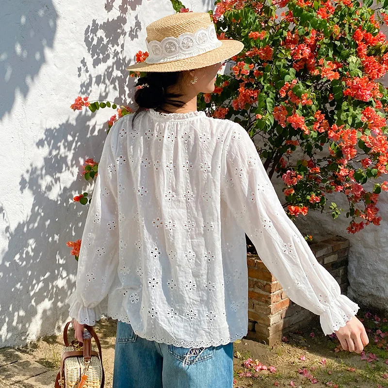 

French embroidered shirt for women, long sleeved loose doll shirt for women, white shirt for women, casual women's clothing