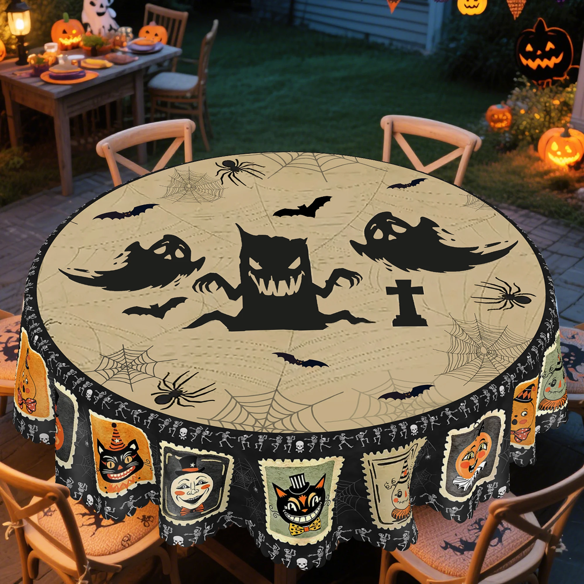1 Piece Halloween-Themed Printed Tablecloth, Featuring Black Cats, Skulls, and Ghost Patterns, Suitable for Holiday Gatherings, Halloween Party Decorations, Kitchen Accessories, Restaurant Terrace Decorations, Boy's Room Decorations, Perfect Gift for Friends, Round and Rectangular Tablecloths, Available in Various Sizes